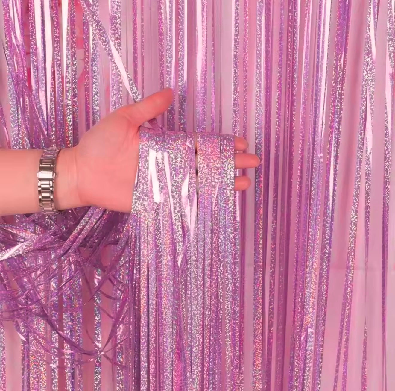 Foil Fringe Curtain Holographic Pink 1x2m