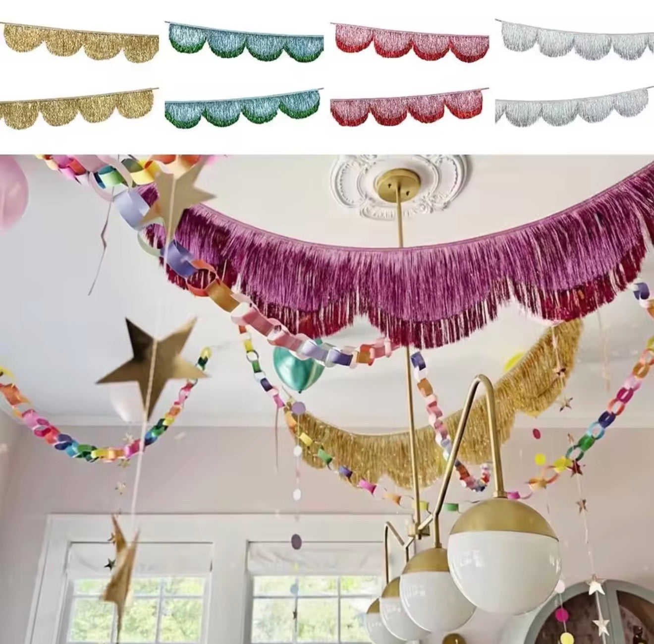 Blue & Green Scalloped Tinsel Garland - Reusable Party Decoration