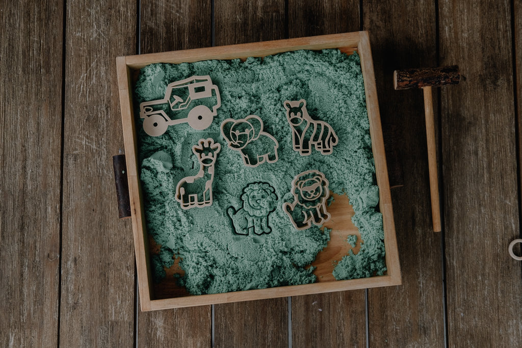 Kinfolk pantry mini safari eco cutters set set in a sensory play tray, alternative party bag fillers to plastic crap